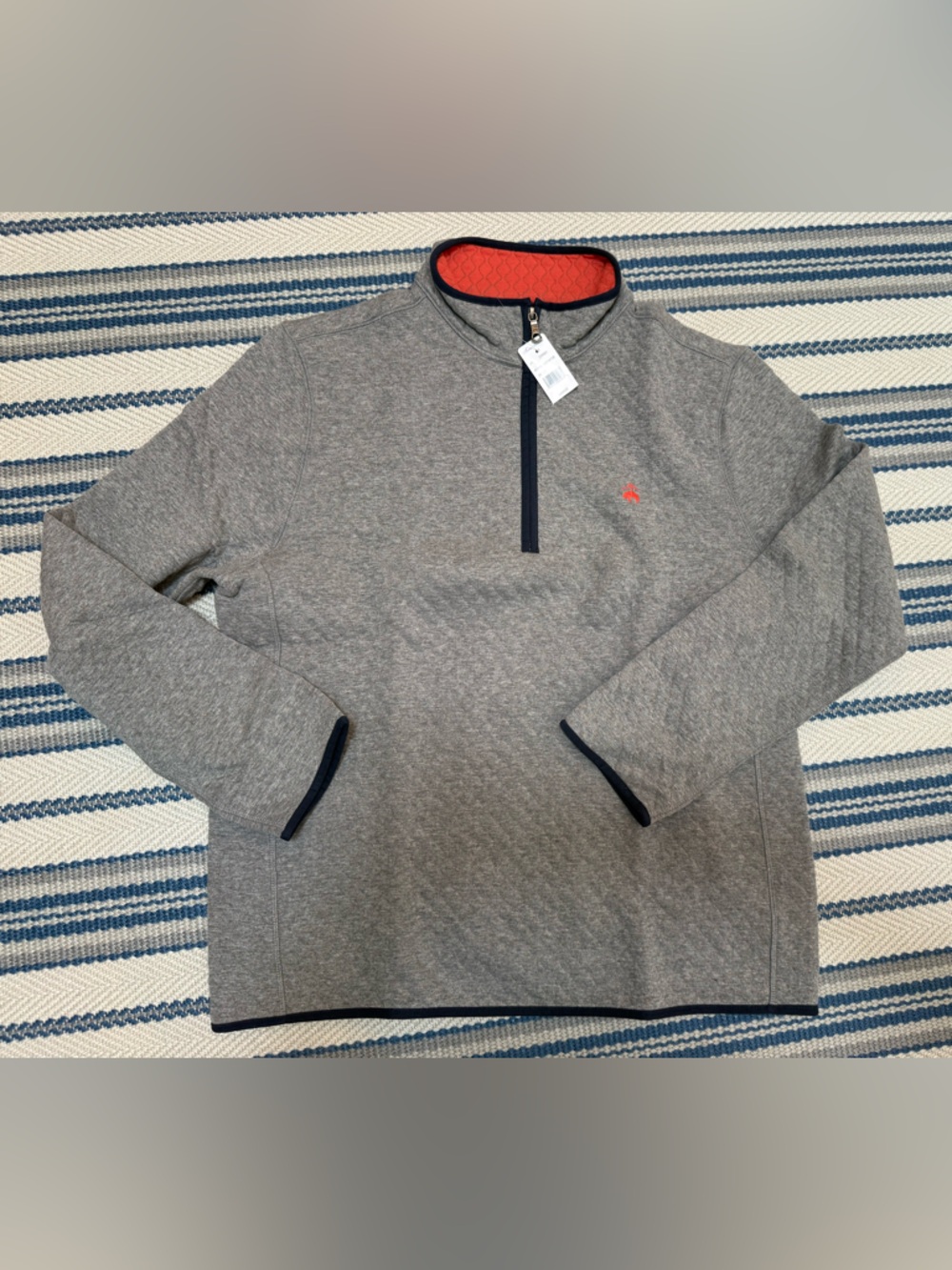 Brooks Brothers Gray Quarter-Zip Pullover with Coral Lining and Navy Trim